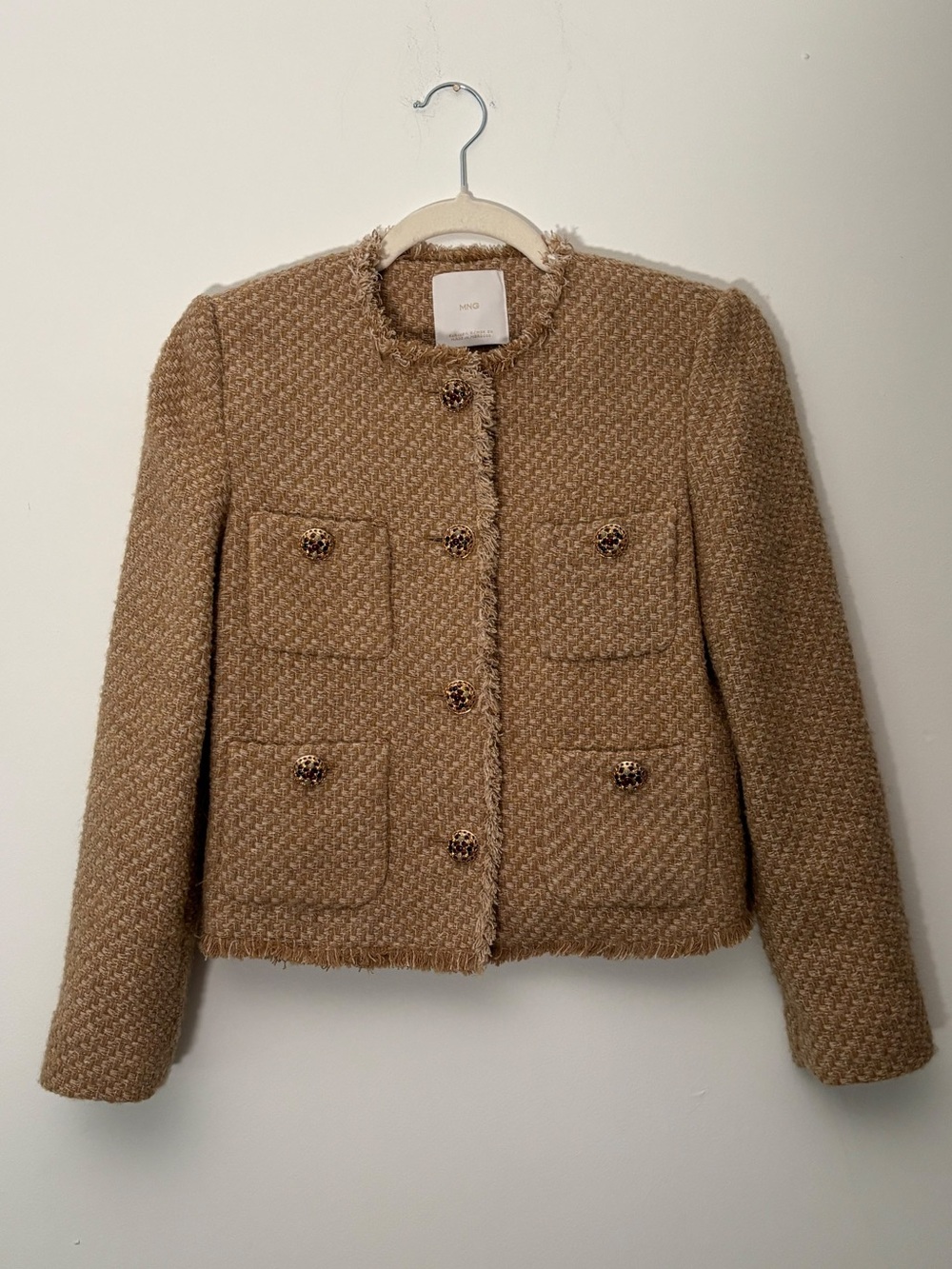 MNG Mango Womens Tweed Jacket Size S Tan Camel Cropped Jeweled Buttons Fringe